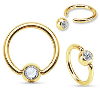 Gold Plated CZ Set Ball Captive Bead Ring 16G, 18G