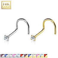 14K Solid Gold Prong Set 2mm CZ Top Nose Screw Ring 20G