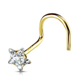 14K Solid Gold Prong Set 3mm Star CZ Top Nose Screw Ring