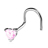 14K Solid Gold Prong Set 3mm Heart CZ Top Nose Screw Ring