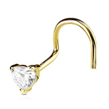 14K Solid Gold Prong Set 3mm Heart CZ Top Nose Screw Ring