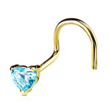 14K Solid Gold Prong Set 3mm Heart CZ Top Nose Screw Ring