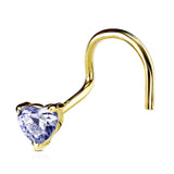 14K Solid Gold Prong Set 3mm Heart CZ Top Nose Screw Ring