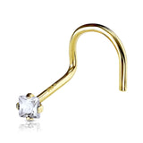 14K Solid Gold Prong Set Square CZ Top Nose Screw Ring