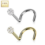 14K Solid Gold CZ Paved Ball Nose Screw Ring