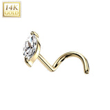 14K Solid Gold Marquise CZ Top Nose Screw Ring