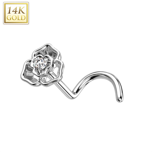 14K Solid Gold CZ Flower Top Nose Screw Ring