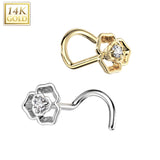 14K Solid Gold CZ Flower Top Nose Screw Ring