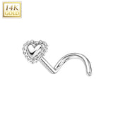 14K Solid Gold Beaded Edge Heart Top Nose Screw Ring
