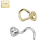 14K Solid Gold Beaded Edge Heart Top Nose Screw Ring