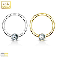 14K Solid Gold CZ Set Gem Ball Captive Bead Ring