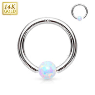 14K White Gold Opal Fixed Hoop Nose Rings for Nose Cartilage Septum