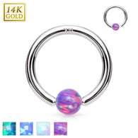 14Kt. White Gold Opal Fixed Hoop Nose Rings for Nose Cartilage Septum