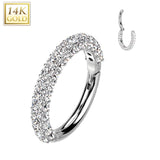 14K Solid Gold Pave CZ Hinged Hoop Segment Ring Nose Septum Cartilage