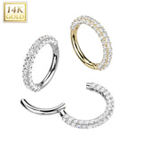 14K Solid Gold Pave CZ Hinged Hoop Segment Ring Nose Septum Cartilage