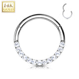 14K Solid Gold Pave CZ Hinged Hoop Ring Nose Septum Daith