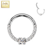 14K Solid Gold Front CZ Hinged Segment Hoop Ring Nose Septum Daith