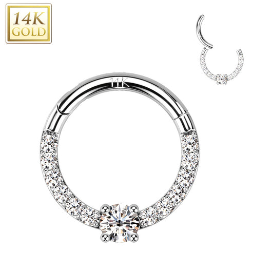14KT Solid Gold Front CZ Hinged Hoop Segment Ring Nose Septum Daith