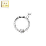 14K Solid Gold Front CZ Hinged Segment Hoop Ring Nose Septum Daith