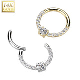 14K Solid Gold Front CZ Hinged Segment Hoop Ring Nose Septum Daith