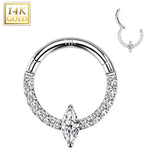 14K Solid Gold Marquise CZ Hinged Segment Hoop Ring Nose Septum Daith