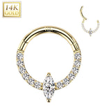 14K Solid Gold Marquise CZ Hinged Segment Hoop Ring Nose Septum Daith