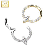 14K Solid Gold Marquise CZ Hinged Segment Hoop Ring Nose Septum Daith