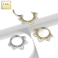 14K Solid Gold Heart Filigree Hinged Segment Hoop Ring Nose Septum Daith