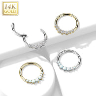 14K Solid Gold Opal CZ Hinged Segment Hoop Ring Nose Septum Daith