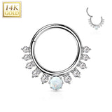 14K Solid Gold CZ Opal Hinged Segment Hoop Ring Nose Septum Daith