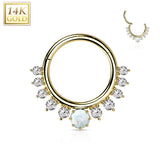 14K Solid Gold CZ Opal Hinged Segment Hoop Ring Nose Septum Daith