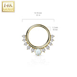 14K Solid Gold CZ Opal Hinged Segment Hoop Ring Nose Septum Daith