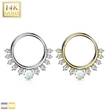 14K Solid Gold CZ Opal Hinged Segment Hoop Ring Nose Septum Daith