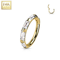 14K Solid Gold Baguette CZ Hinged Segment Hoop Ring Nose Septum Daith