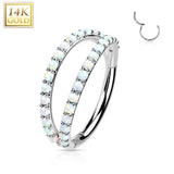 14K Solid Gold Double Opal CZ Segment Hoop Ring Nose Septum Daith