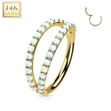 14K Solid Gold Double Opal CZ Segment Hoop Ring Nose Septum Daith