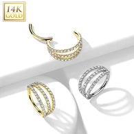 14K Solid Gold Triple CZ Segment Hoop Ring Nose Septum Daith