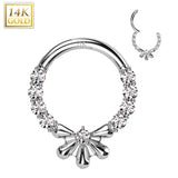 14KT Solid Gold Flower and CZ Hinged Segment Nose Hoop Ring