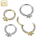 14K Solid Gold CZ Flower Segment Hoop Ring Nose Septum Daith