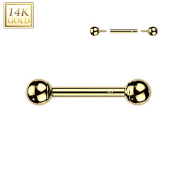 14K Solid Gold Internal Threaded Straight Barbell With Press Balls 14G