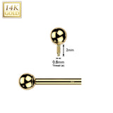 14K Solid Gold Internal Threaded Straight Barbell With Press Balls 14G