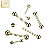 14K Solid Gold Internal Threaded Straight Barbell With Press Balls 14G