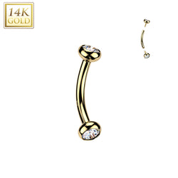 14K Solid Gold Internal Threaded Curved Barbell With Bezel CZ For Cartilage Eyebrow
