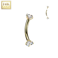 14K Solid Gold Internal Threaded Curved Barbell With Prong CZ For Cartilage Eyebrow