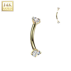 14K Solid Gold Internal Threaded Curved Barbell With Prong CZ For Cartilage Eyebrow