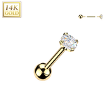 14K Solid Gold Straight Barbell With Press Ball & Prong Set CZ End