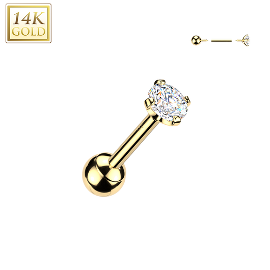 14K Solid Gold Straight Barbell With Press Ball & Prong Set CZ End