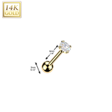 14K Solid Gold Straight Barbell With Press Ball & Prong Set CZ End