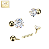 14K Solid Gold Straight Barbell With Press Ball & Prong Set CZ End
