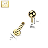 14K Solid Gold Internal Threaded Flat Base Stud With Press Balls Cartilage Labret